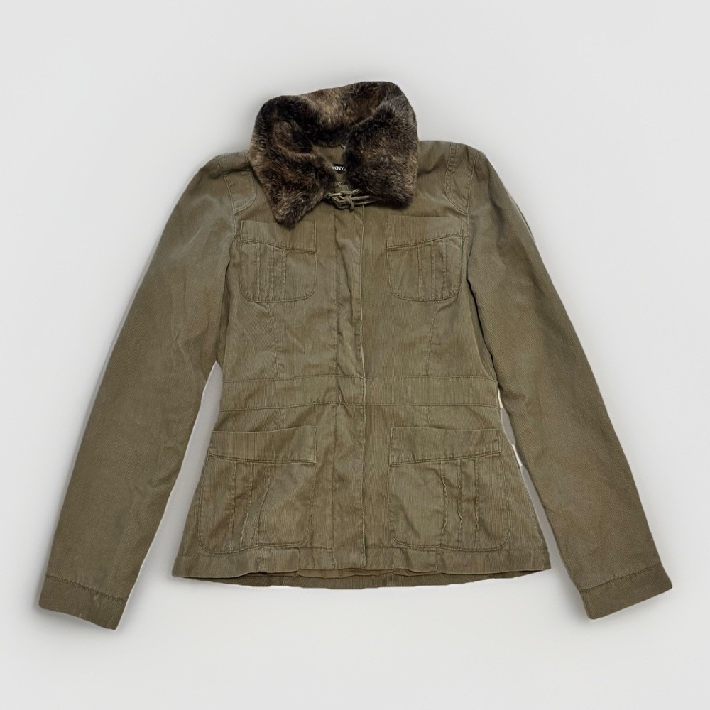 VTG Y2K DKNY Women's Olive Corduroy Jacket w/Detachable Fur Collar Medium Grunge